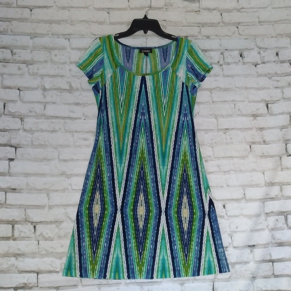B Works Womens Dress Small Short Sleeve Geometric Blue Green